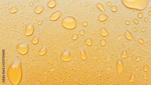 Water Droplets on Shimmering Gold and Light Blue Textured Surface