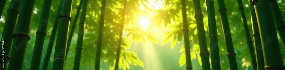 Obraz premium Sunlit bamboo grove, sharp focus on leaves and nodes , closeup, cane