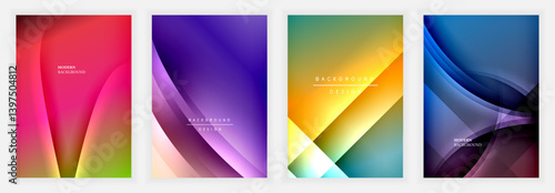 Four vibrant abstract backgrounds. Smooth gradients blend colors, creating dynamic wave shapes. Modern designs suitable for digital projects, presentations.