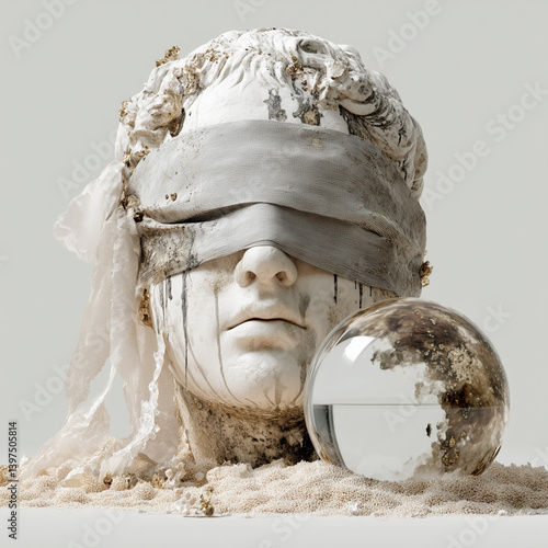 Blindfolded statue head, spilled ink, and transparent sphere on sand in surreal stillness with soft desaturated tones and symbolic narrative Generative AI