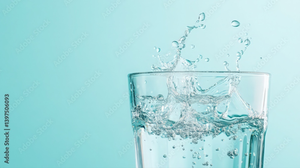 Water Splashing in Glass on Teal Background Water Splashing in Glass on Teal Background