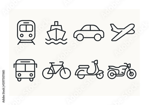 Set of minimalist transportation icons: train, ship, car, airplane, bus, bicycle, scooter, motorcycle
