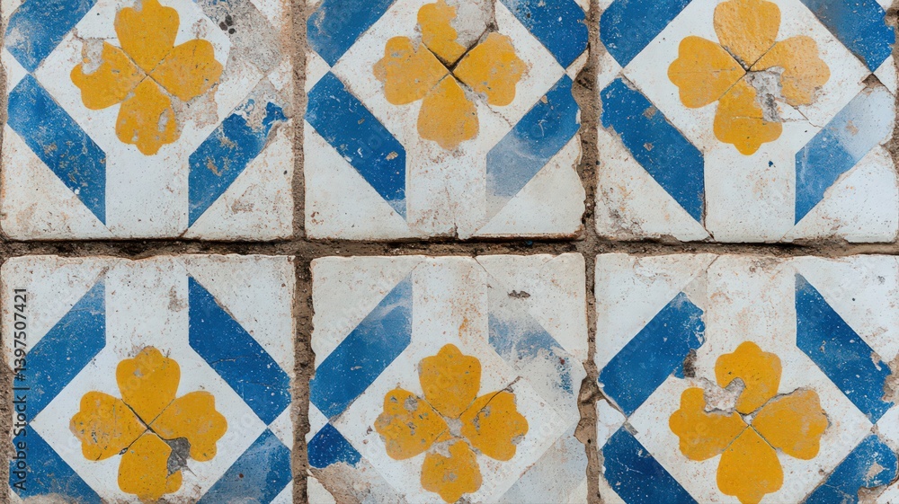 Weathered Blue and Yellow Floral Ceramic Tile Pattern