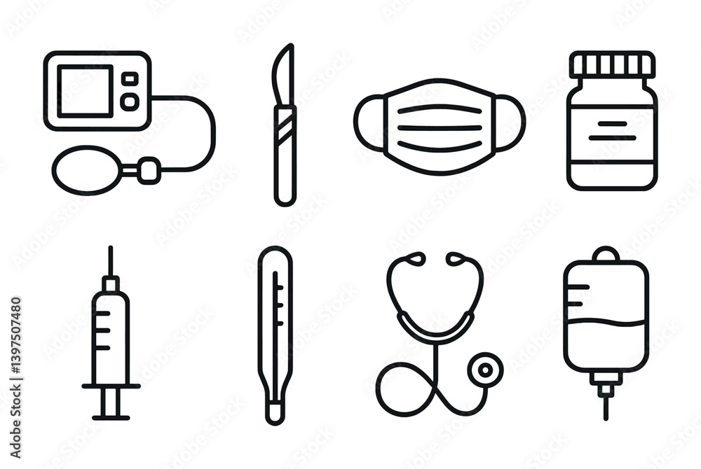 Essential medical equipment icons set in clean linear style Essential medical equipment icons set in clean linear style