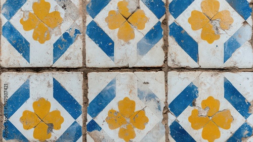 Obraz na płótnie Weathered Blue and Yellow Floral Ceramic Tile Pattern w salonie