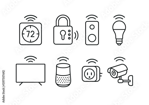 Smart home technology linear icons set: security, energy, and control devices