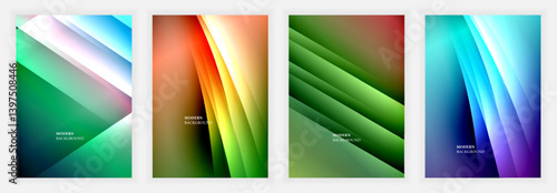 Four vibrant abstract backgrounds. Diagonal lines create dynamic visual flow. Colors blend smoothly, offering modern aesthetic appeal. Designs suggest energy, movement, sophistication.
