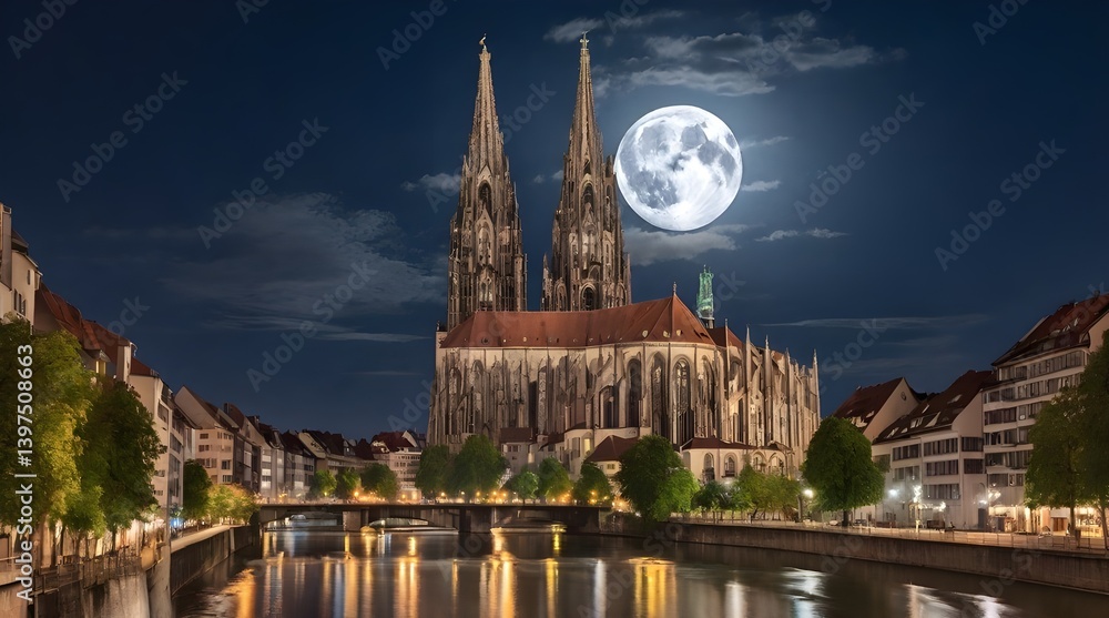 The Ulm cathedral at full moon a glowing.generative.ai