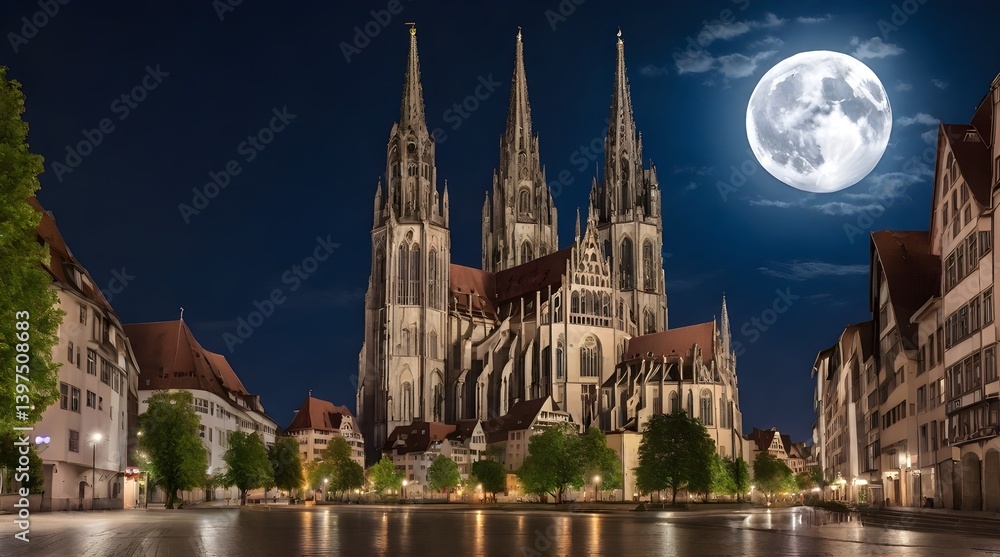 The Ulm cathedral at full moon a glowing.generative.ai