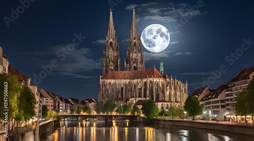 Obraz na płótnie The Ulm cathedral at full moon a glowing.generative.ai w salonie