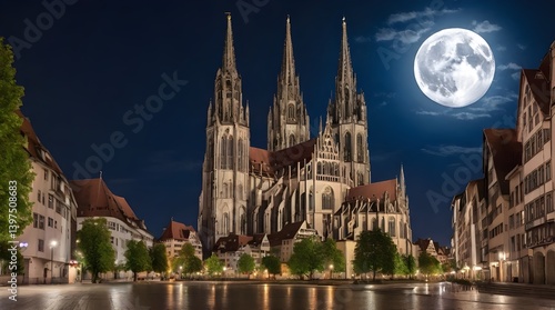 Obraz na płótnie The Ulm cathedral at full moon a glowing.generative.ai w salonie