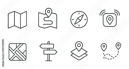 Navigation and map icons set: linear style for gps and travel applications
