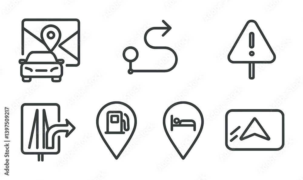 Linear navigation and travel icons set featuring maps, directions, and location indicators Linear navigation and travel icons set featuring maps, directions, and location indicators