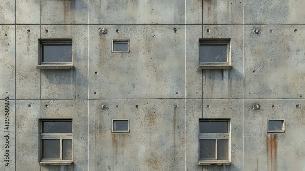 Weathered Concrete Building Facade with Small Windows Rust Stains and Gray Hue Presents a Textured Urban Landscape in Full Frame Shot