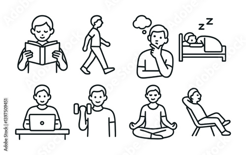 Daily routine line icons: reading, walking, meditation, sleep, exercise, relaxation