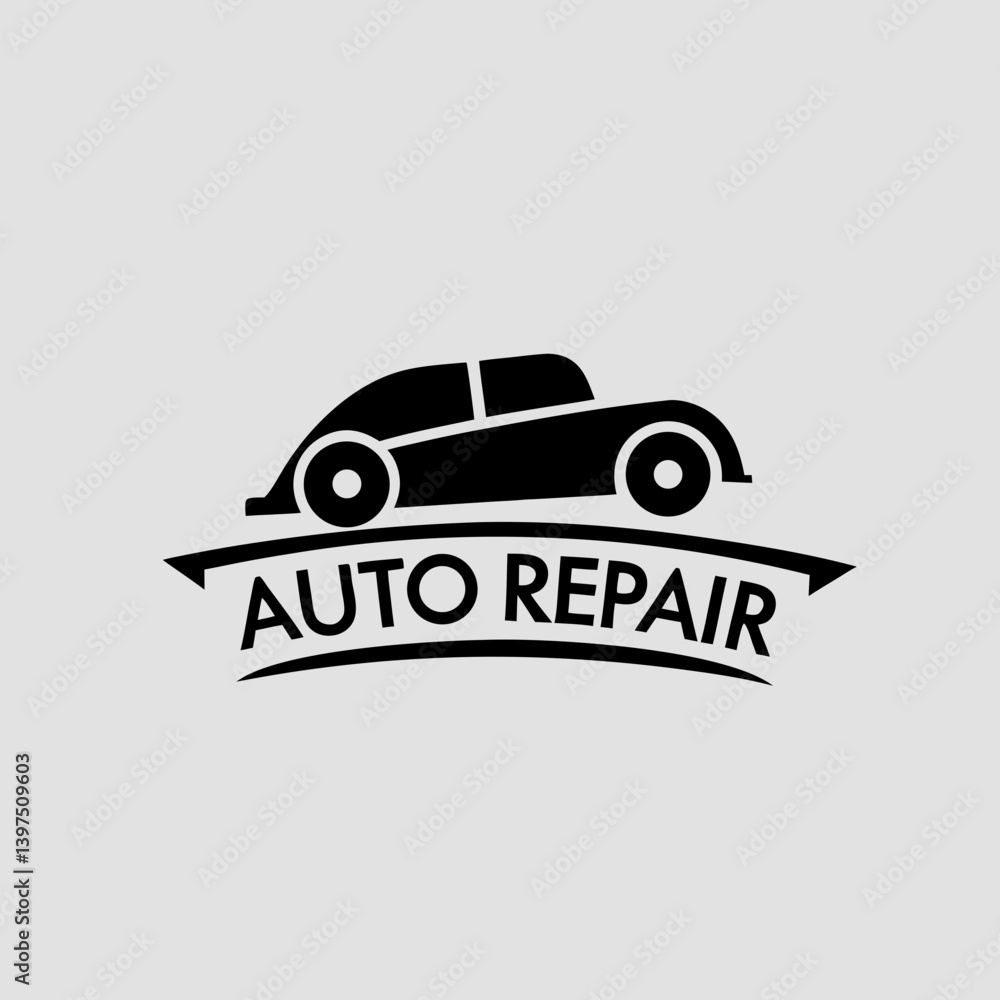 Obraz premium A vintage-inspired garage logo showing a classic car silhouette with a banner reading 'Auto Repair,' using retro fonts and distressed textures