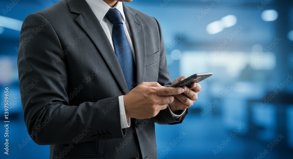 Businessman Using Smartphone - A businessman in a suit uses his smartphone. Blue blurred background Businessman Using Smartphone - A businessman in a suit uses his smartphone. Blue blurred background