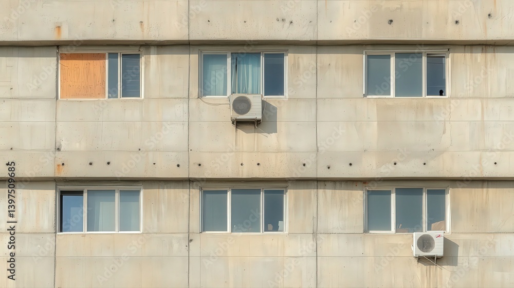 Weathered Concrete Building Facade with Windows and Air Conditioners