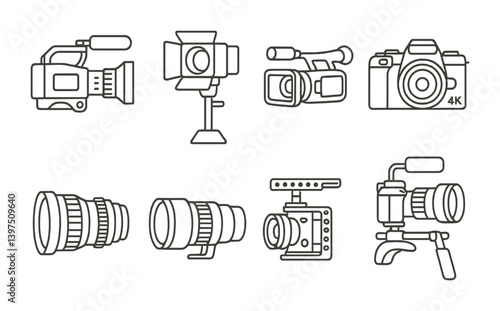 Film equipment icons set: linear style for cameras, lenses, and lighting