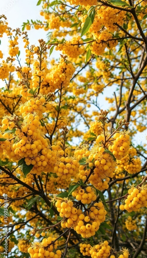 Low-lying sea buckthorn bush laden with yellow berries and blossoms, branches, yellow Low-lying sea buckthorn bush laden with yellow berries and blossoms, branches, yellow
