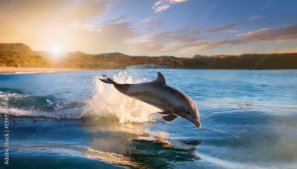 Fototapeta premium A dolphin leaps joyfully out of the ocean, creating splashes under the warm glow of a sunset, with serene hills in the background