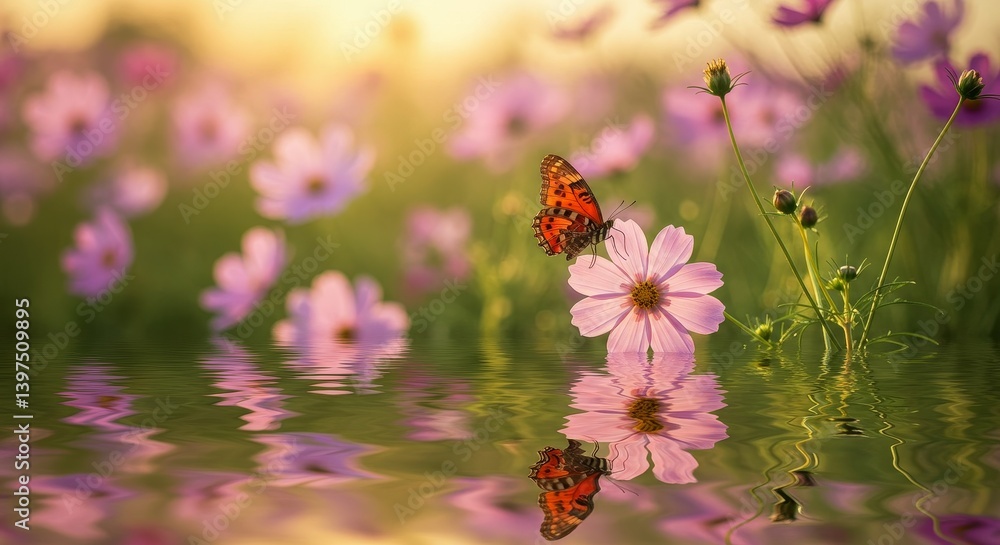 Butterfly on Pink Cosmos Flower by Water - A butterfly rests on a pink cosmos flower reflected in calm water, surrounded by a field of cosmos flowers in soft sunlight Butterfly on Pink Cosmos Flower by Water - A butterfly rests on a pink cosmos flower reflected in calm water, surrounded by a field of cosmos flowers in soft sunlight