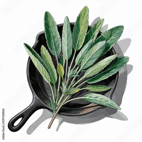 Rustic Sage Leaves in Cast Iron Skillet Illustration