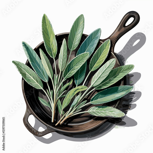 Rustic Sage Leaves in Cast Iron Skillet Illustration