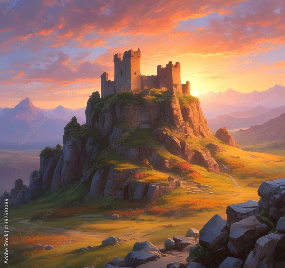 Fototapeta premium Illustration of landscape with old castle ruins.