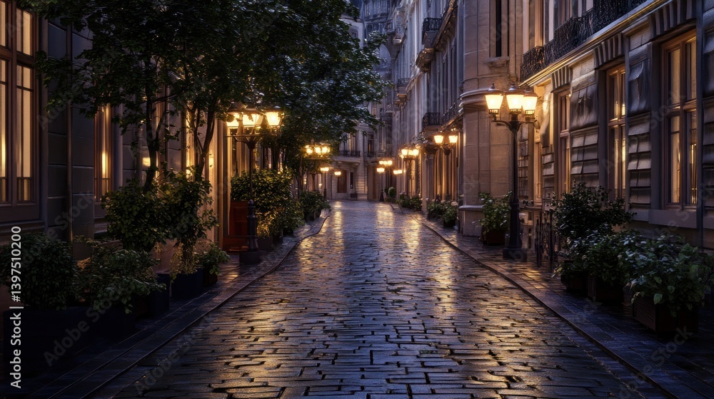 Fototapeta premium Parisian Alleyway at Dusk, Rain