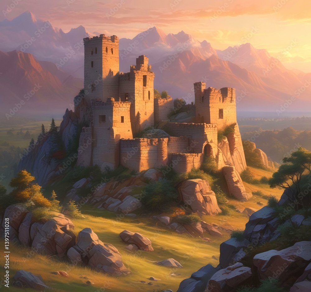 Fototapeta premium Illustration of landscape with old castle ruins.