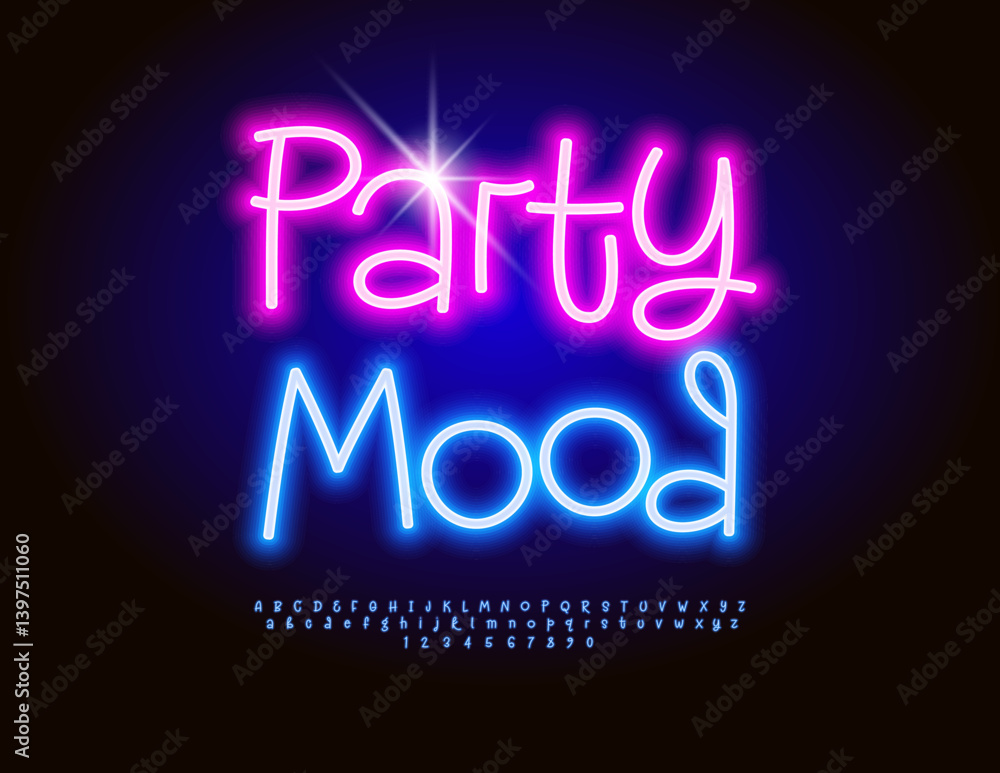 Vector Glowing banner Party Mood. Joyful Neon Blue Font. Holiday Electric Alphabet Letters and Numbers set Vector Glowing banner Party Mood. Joyful Neon Blue Font. Holiday Electric Alphabet Letters and Numbers set