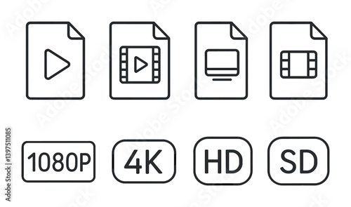 Simple media format and quality icons set – linear style player and resolution symbols