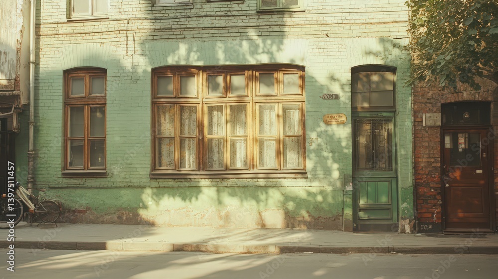 Weathered Green Building Facade in Sunlight