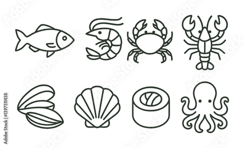 Marine seafood icons set: fish, shrimp, crab, lobster, clam, shell, sushi, octopus