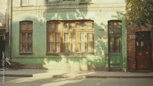 Obraz na płótnie Weathered Green Building Facade in Sunlight w salonie