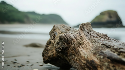 Obraz na płótnie Weathered Log on Sandy Beach with Ocean Views and Coastal Cliffs Under a Cloudy Sky in Muted Colors a Nature Background w salonie