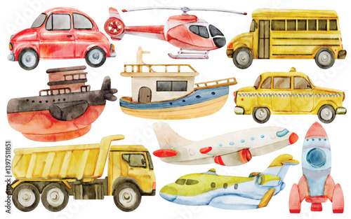 Watercolor Transportation Clip Art Set Hand Painted Car Boat Airplane Submarine Rocket Helicopter Taxi Bus Truck