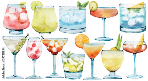 Watercolor Cocktail Clip Art Set Hand Painted Drink Glass Margarita Martini Mojito Tropical Juice Alcohol Beverage