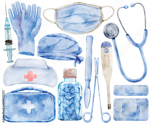 Watercolor Medical Tools Clip Art Set Hand Painted Stethoscope Syringe Mask Gloves Medicine First Aid Kit Thermometer Bandage Nurse Cap Hospital Illustration