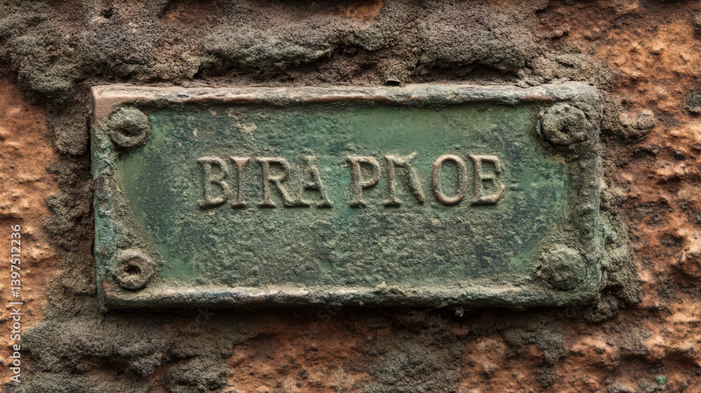 Weathered Metallic Plaque Affixed to Mossy Brick Wall Close-Up with Tarnished Surface and Embossed Biera Probe Inscription