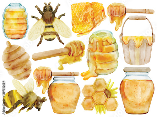 Watercolor Honey Bee Clip Art Set Hand Painted Jar Dipper Hive Honeycomb Dripping Sweet Bee Elements Illustration