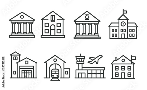 Public building icons set: linear style featuring museums, schools, airports, and more