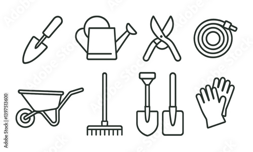 Essential gardening tools icon set in linear style for landscaping design