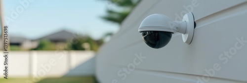 A white camera is mounted on a wall. The camera is on the side of a house