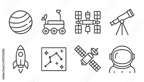 Space exploration icons set: linear style featuring planets, rockets, and spacecraft