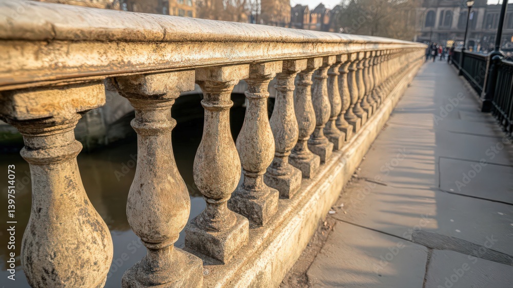Weathered Stone Balustrade by Waterway in Sunlight