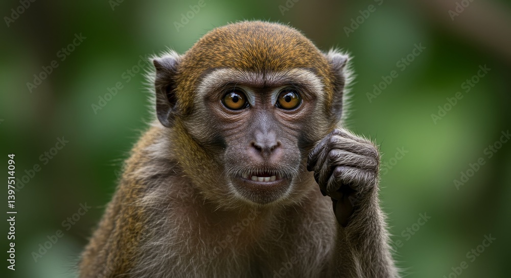 Curious Macaque Monkey Portrait - Close-up portrait of a macaque monkey with a curious expression, hand near its face, set against a blurred green background Curious Macaque Monkey Portrait - Close-up portrait of a macaque monkey with a curious expression, hand near its face, set against a blurred green background