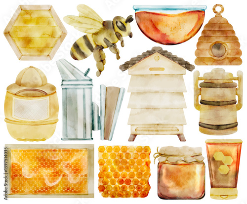 Watercolor Beekeeping Clip Art Set Hand Painted Bee Hive Smoker Honeycomb Jar Tools Apiary Honey Elements Illustration