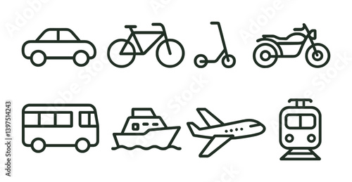 Transportation icons set: linear style featuring car, bicycle, scooter, motorcycle, and more